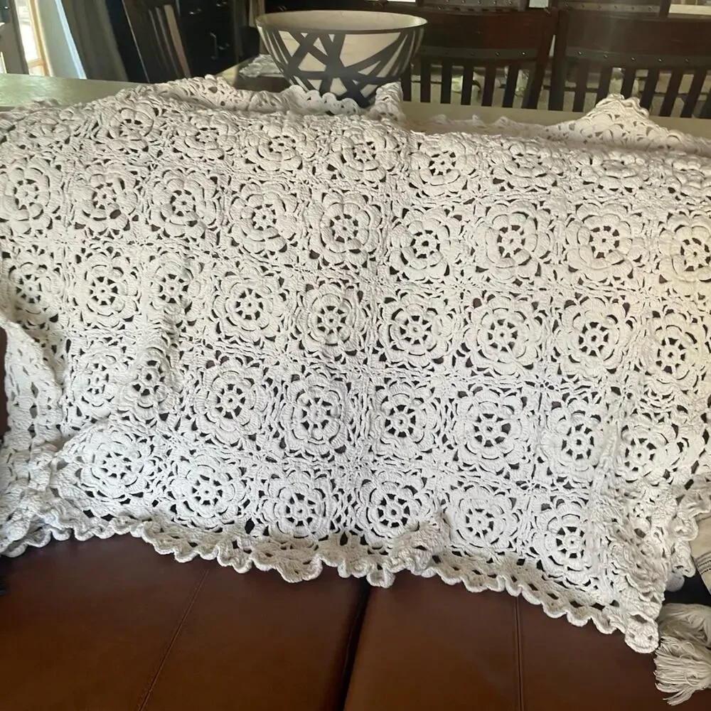Vintage handmade crochet flower throw blanket quilt ivory